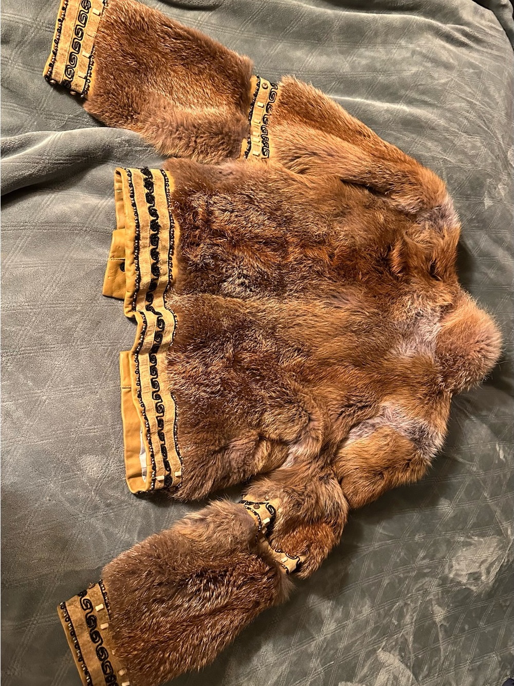 Luxurious Tan Fox Fur Jacket with Embellished Trim - Picture 10 of 11